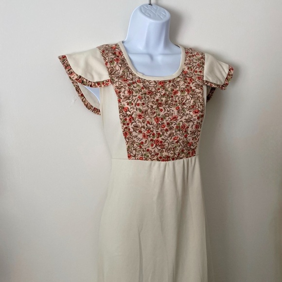 Vintage 70’s Peasant Dress Floral Cream w. Flutter Sleeves Prairie Western M - Picture 4 of 15